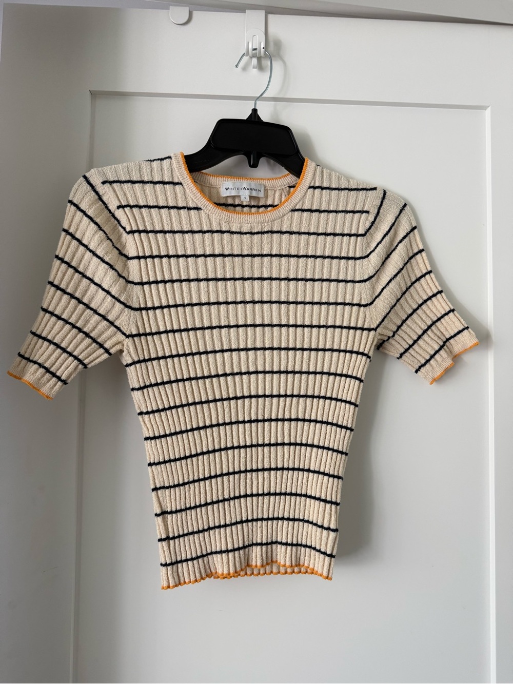 White + Warren Cream Ribbed Short-Sleeve Top with Navy Stripes and Orange Trim